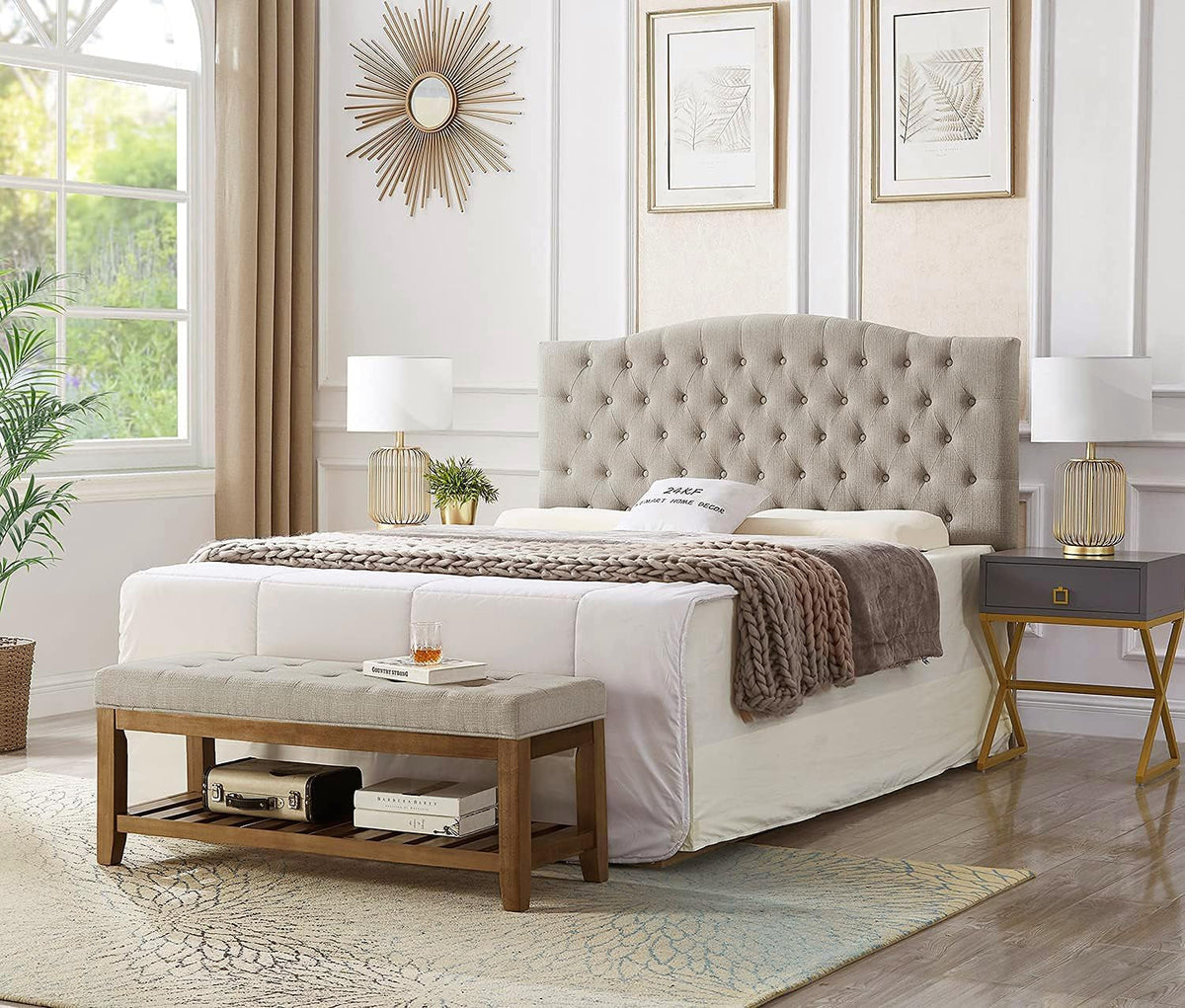 Large Rectangular Upholstered Tufted Linen Fabric Ottoman Bench, Padded Bench with Solid Wood Shelf-Linen