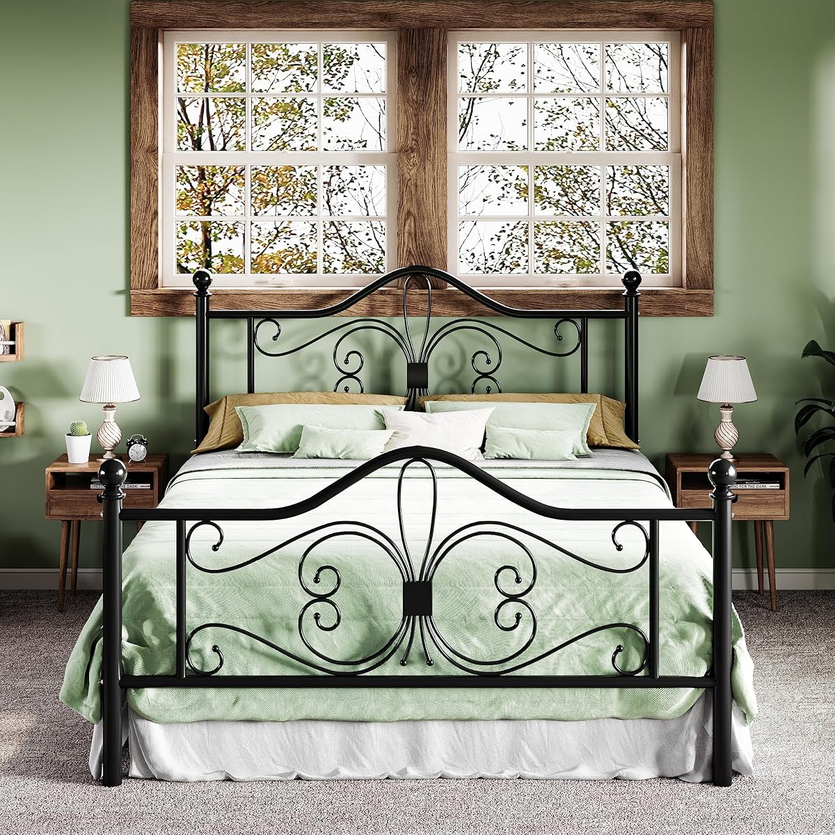 Metal Queen Platform Bed Frame, Butterfly Pattern Design, Black