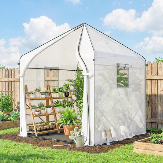 Walk-in Greenhouse, 63" x 63" x 78.7", Roll-Up Door, 3 Mesh Windows, PE Cover, Steel Frame, White