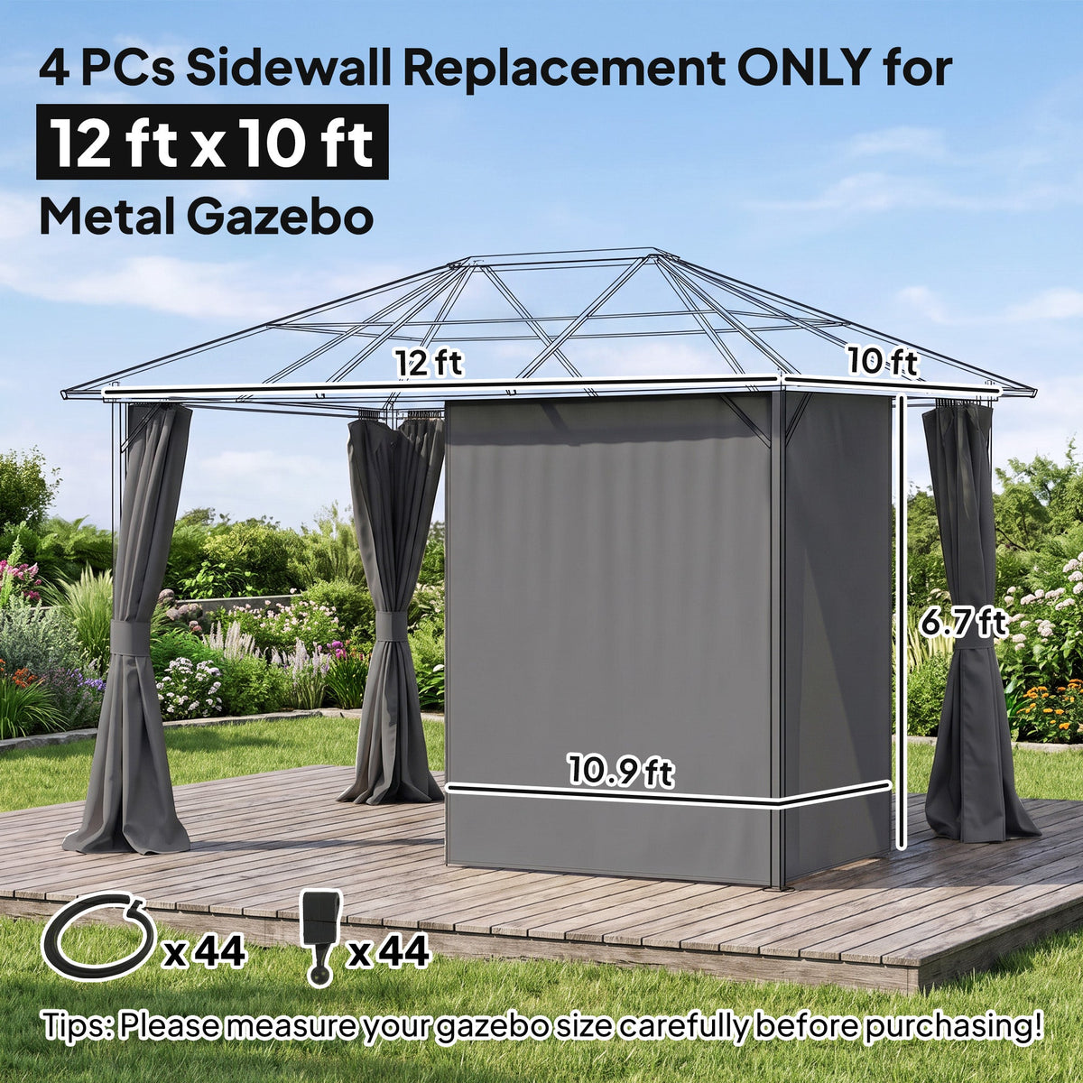 9.84' x 11.8' Gazebo Sidewall Set with Hooks/C-Rings, Gray