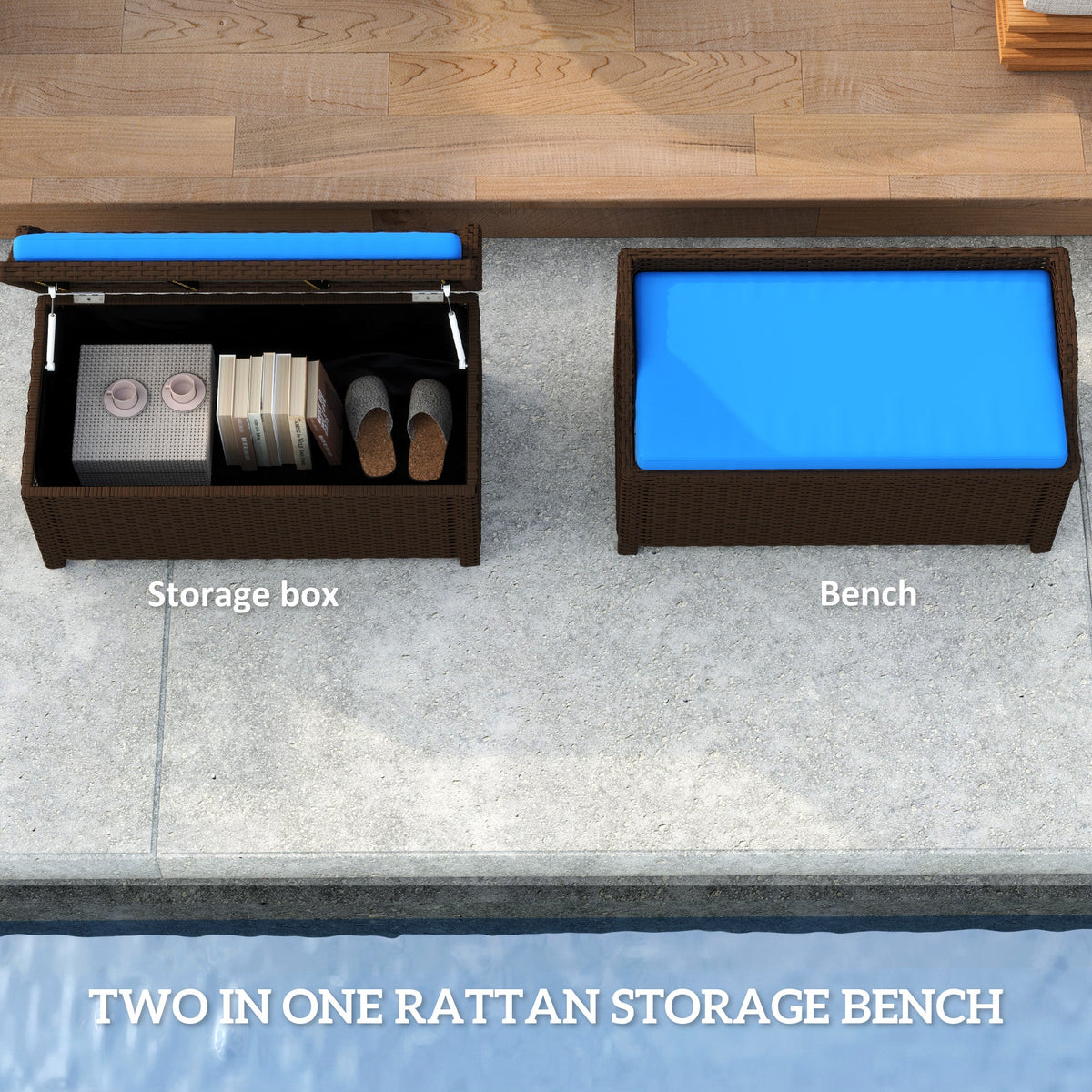 Outdoor Wicker Storage Bench with Storage & Cushion, Blue
