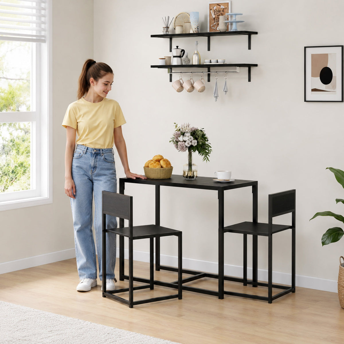 3-Piece Dining Room Set, Industrial Kitchen Table Set with Rectangular Table and 2 Dining Chairs, Black