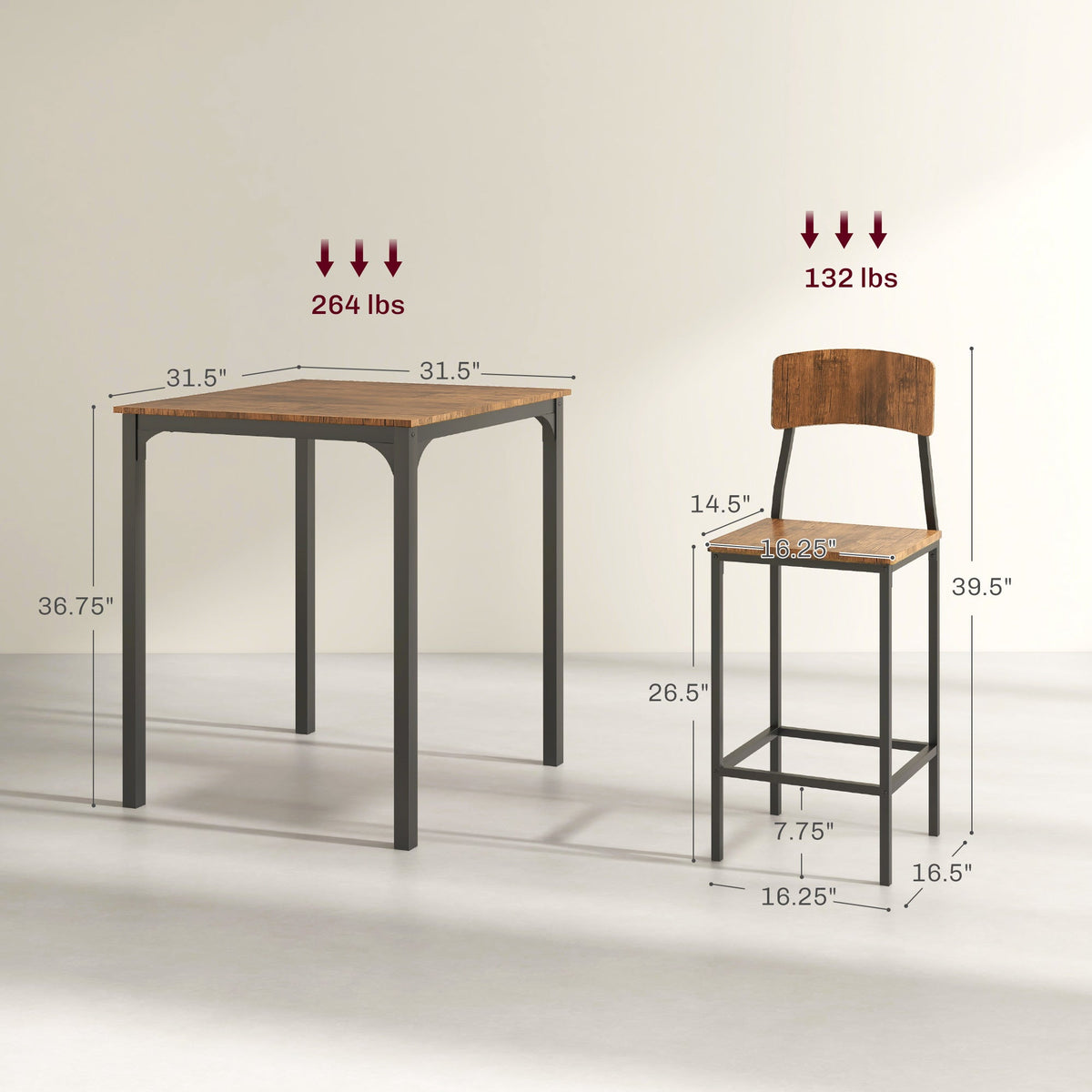 3 Piece Pub Table and Chairs, Small Kitchen Table and Chairs, Square Dining Table with 2 Stools, Walnut and Black