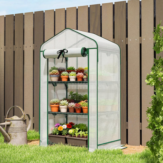 Mini Greenhouse with Screen Roof, Portable Small Greenhouse with Roll-Up Zipper Door, 27.6" x 19.7" x 50", White