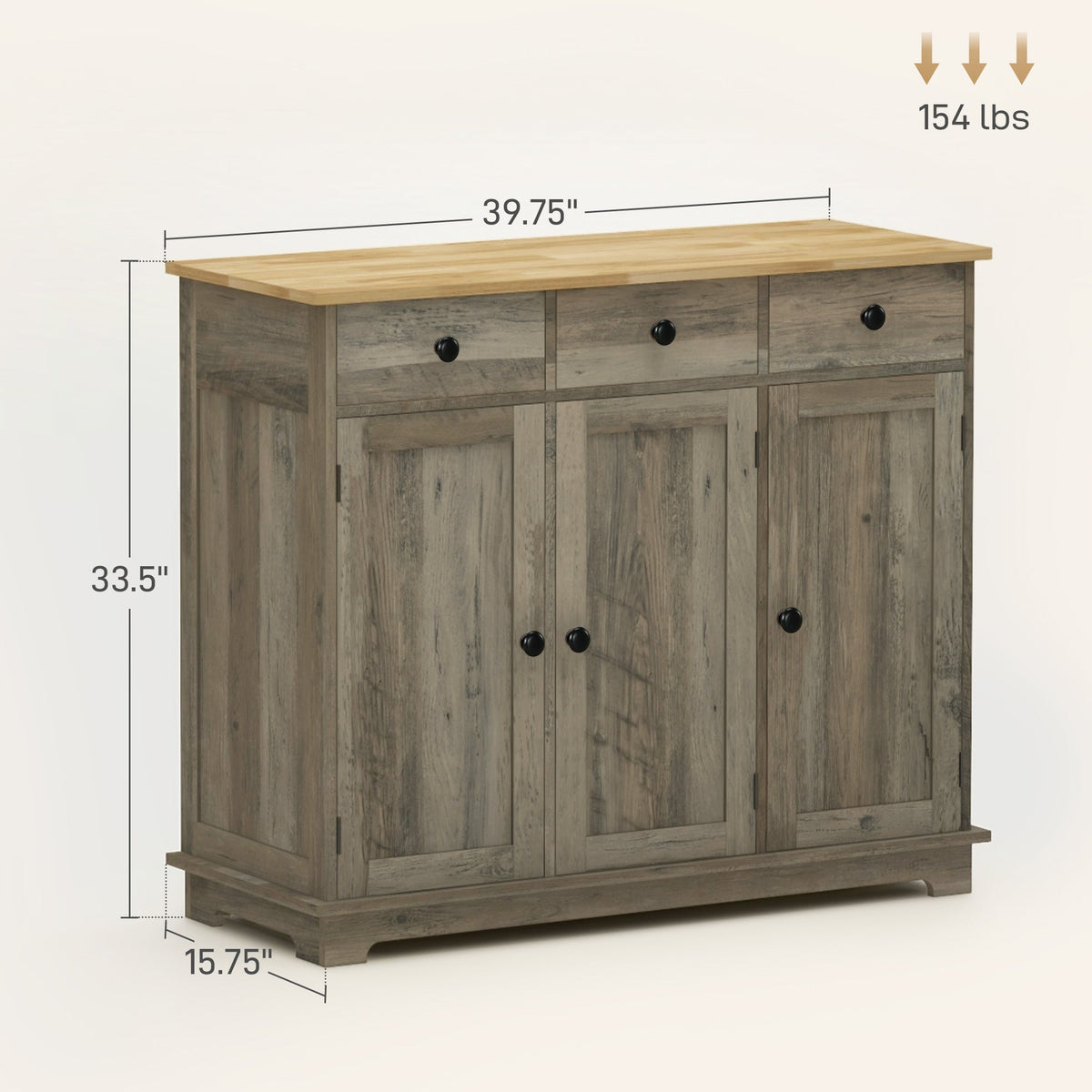 Kitchen Storage Cabinet, Sideboard Floor Cupboard with Solid Wood Top, Adjustable Shelf, and 3 Drawers, Distressed Gray