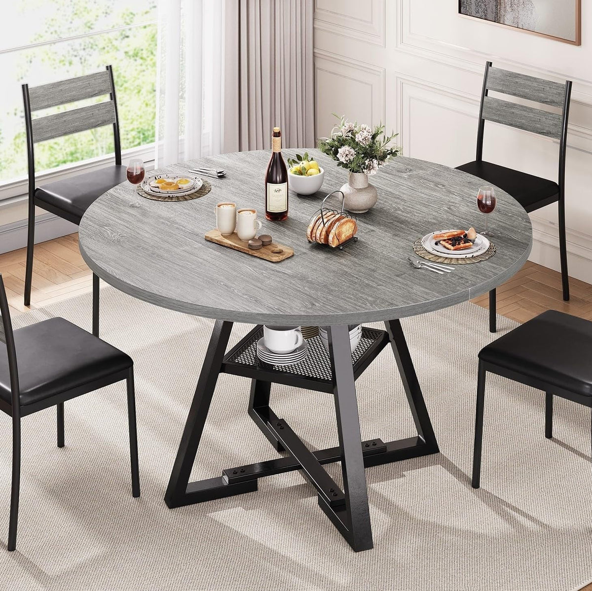 round Dining Table for 4,Kitchen Dining Room Circle Dinner Pedestal Table,Space Saving Wood Kitchen & Dining Room Furniture, 42In,Grey