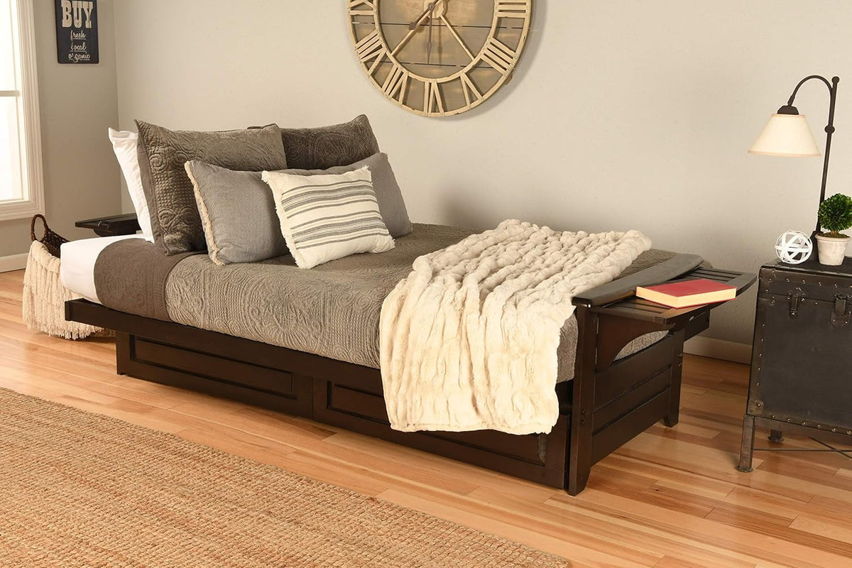 Phoenix Full Size Futon in Espresso Finish with Storage Drawers, Oregon Trail Java
