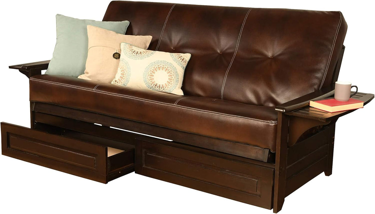 Phoenix Full Size Futon in Espresso Finish with Storage Drawers, Oregon Trail Java