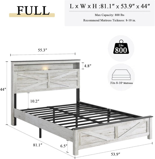 Farmhouse Wooden Bed Frame Full Size with Storage Headboard, Boho Platform Bedframe with LED Lights and Charging Station, Metal Slats Support, No Box Spring Needed, White