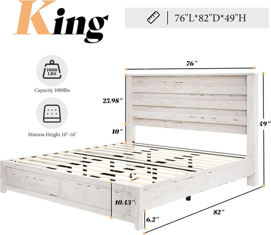 Farmhouse King Size Bed Frame with 49" Fluted Headboard, Wood Platform Bed with Natural Wood Grain, No Box Spring Needed/Noise Free, Distressed White