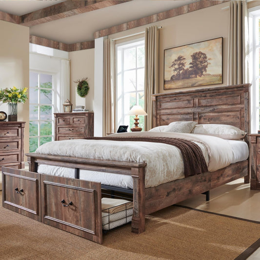 Farmhouse Queen Size Bed Frame with 51" Tall Headboard, Wood Platform Bed Frame with 20" Tall Roman Column Decoration Footboard & 2 Large Storage Drawers, No Box Spring Needed (Light Brown)