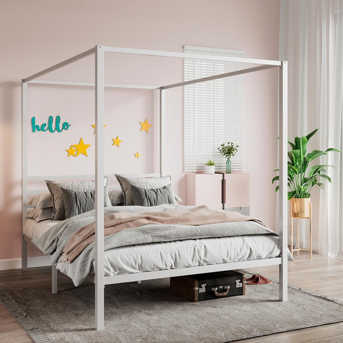 Canopy Bed Frame Full Size/Mattress Foundation with Metal Slats Support/No Box Spring Needed/Easy Assembly/White