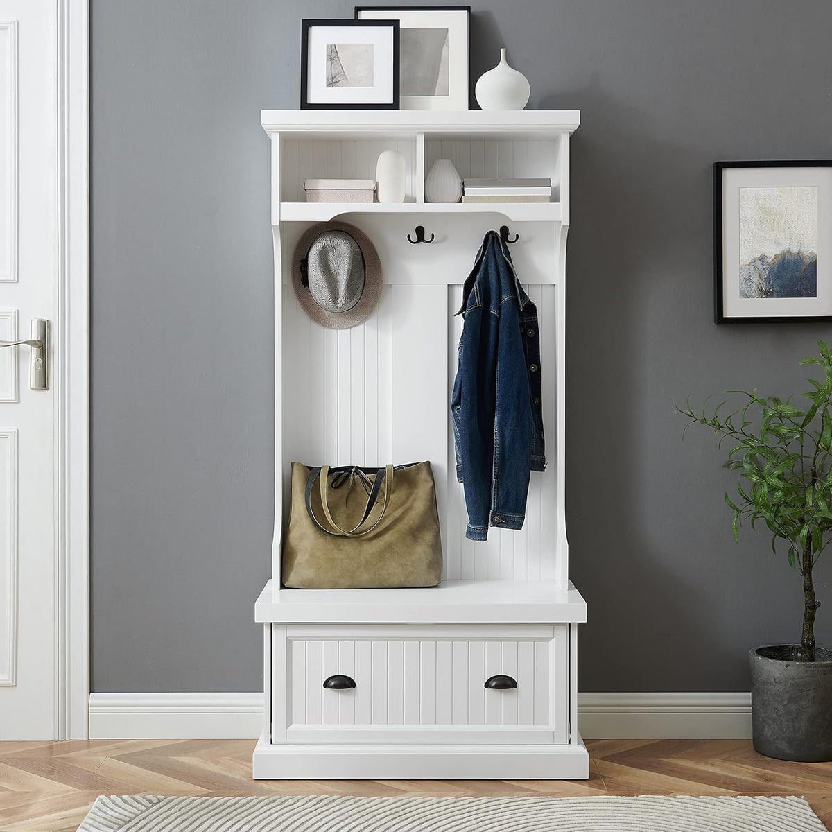 Shoreline Hall Tree with Storage Cabinets and Coat Rack Hooks for Hanging, White