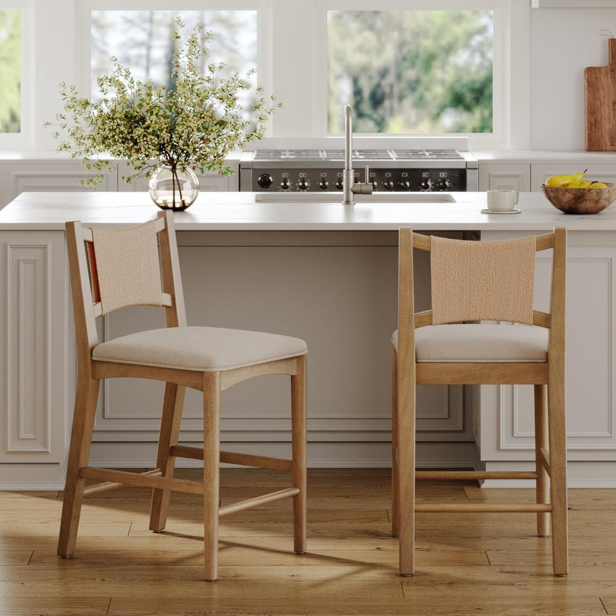 Elodia Boho Counter Height Bar Stool with Back, Woven Seagrass Backrest and Solid Wood Frame, Light Brown
