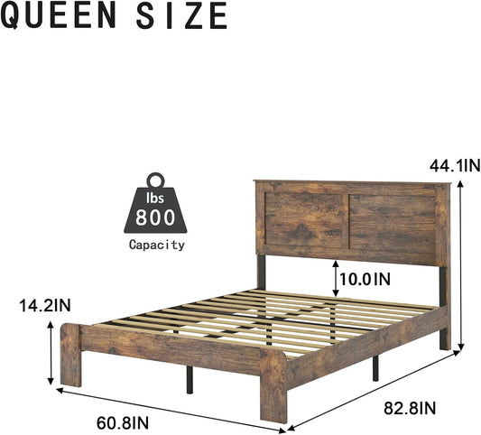 Wood Queen Bed Frame with Headboard, Rustic Farmhouse Platform Bed Frame with 12 Wood Slats Support, No Box Spring Needed, Easy Assembly (Vintage Brown, Queen)