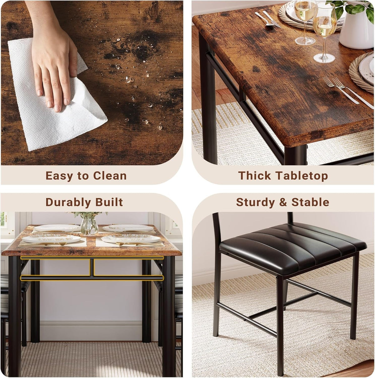Dining Table Set for 4, Wood Kitchen Table with Upholstered Chairs for Kitchen Room and Small Spaces, Rustic Brown