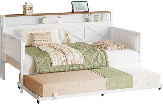 Daybed with Trundle, Sturdy Metal Twin Bed Frame with X-Shaped Frame, Upholstered Farmhouse Daybed with Charging Station for Living Room, Bedroom, and Guest Room, White/Walnut