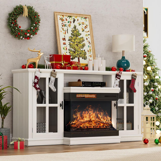 Glass Fireplace TV Stand for Tvs up to 65 Inch, Media Entertainment Center with Storage, White Wash