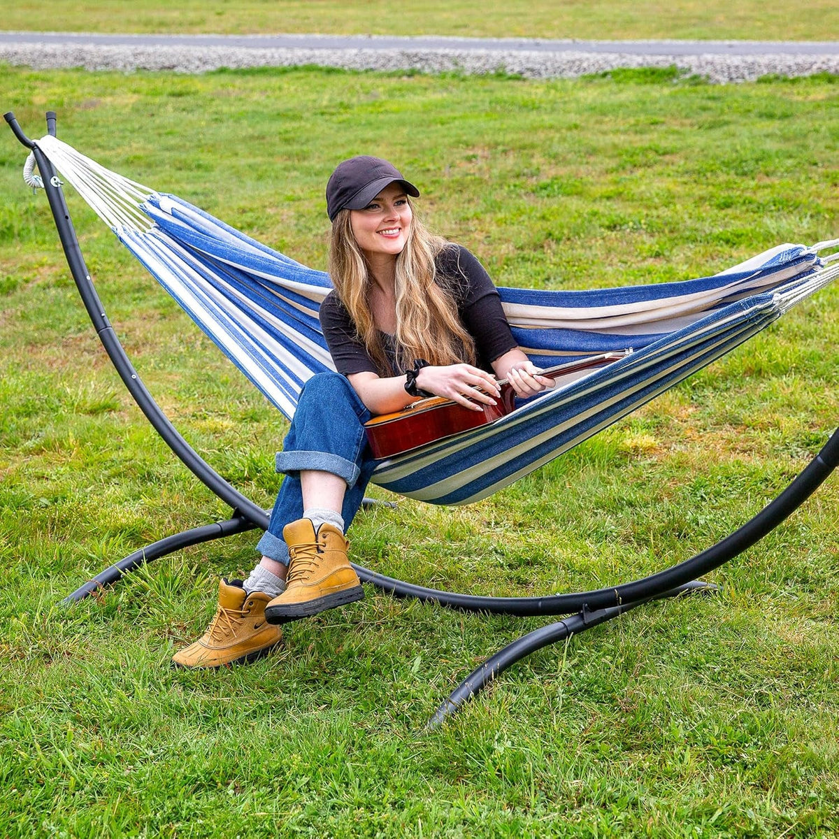 Backyard Hammock with Frame, Hammock Frames for Outside, 475 Lbs Capacity, Blue & White Stripes