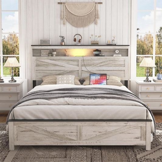 Farmhouse Wooden Bed Frame Full Size with Storage Headboard, Boho Platform Bedframe with LED Lights and Charging Station, Metal Slats Support, No Box Spring Needed, White
