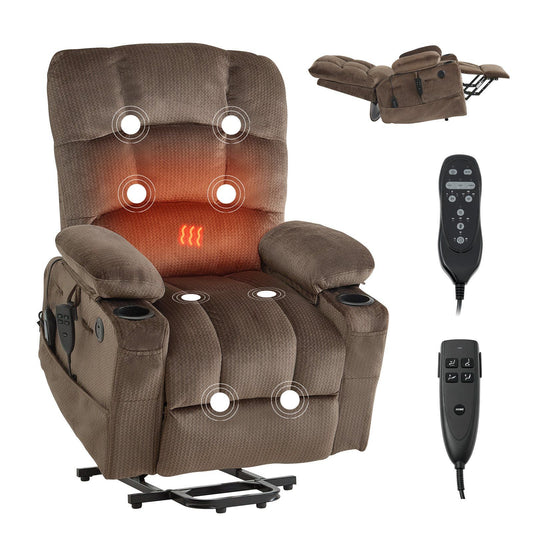 Power Lift Recliner Chair, Dual Motor, Large Electric Lift Chair with Heat and Massage for Elderly, Infinite Position Adjustment, Velvet Fabric, with Side and Front Pockets, Cup Holders, Brown