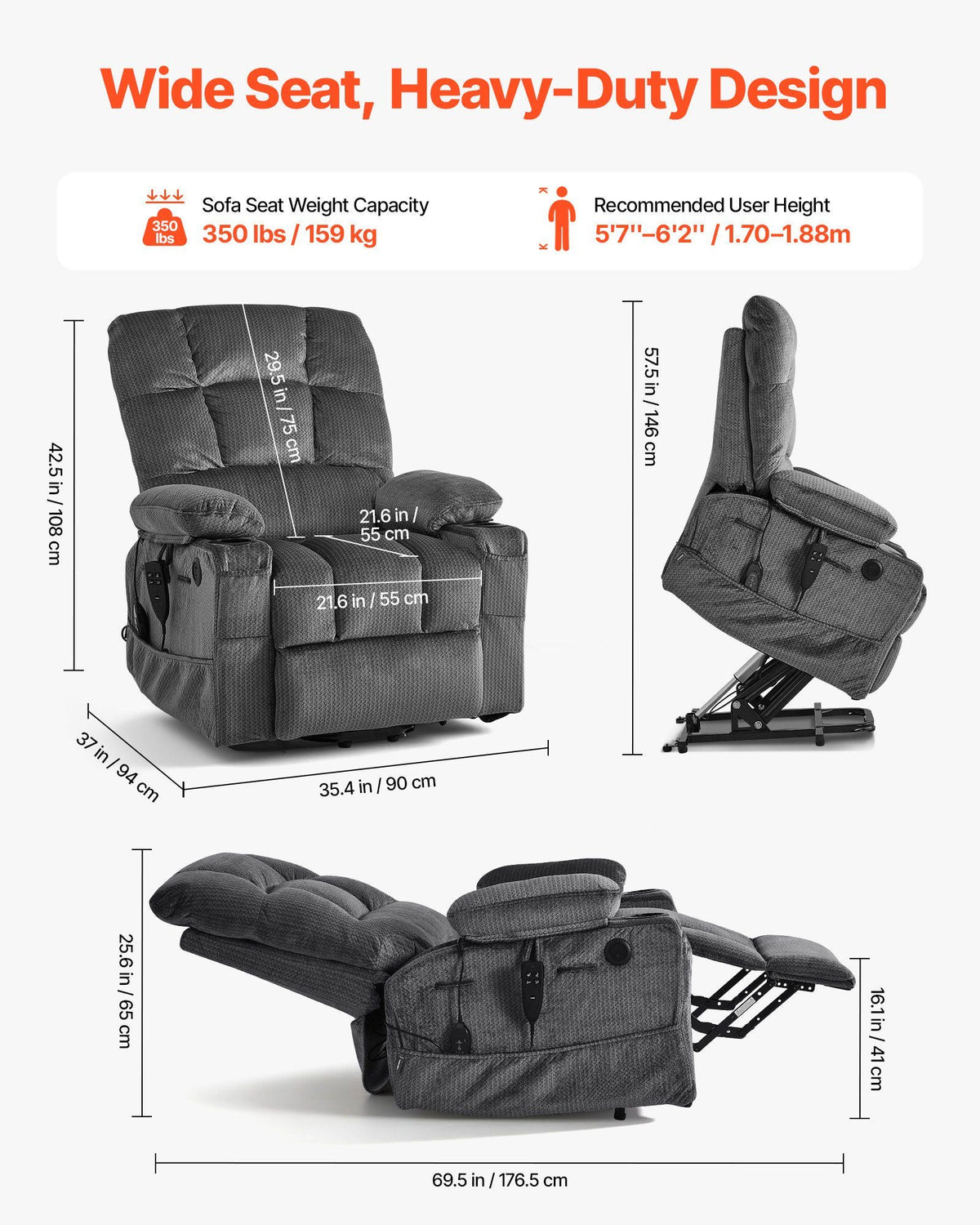 Power Lift Recliner Chair, Dual Motor, Large Electric Lift Chair with Heat and Massage, Infinite Position Adjustment, Velvet Fabric, with Storage Pockets, Cup Holders, Dark Gray