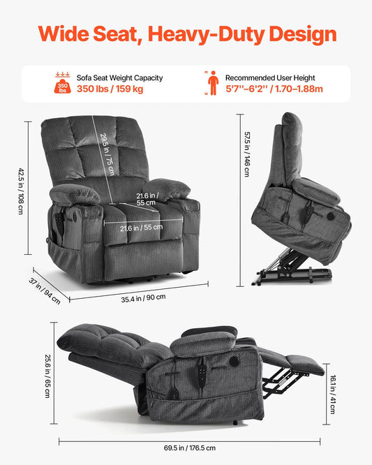 Power Lift Recliner Chair, Dual Motor, Large Electric Lift Chair with Heat and Massage, Infinite Position Adjustment, Velvet Fabric, with Storage Pockets, Cup Holders, Dark Gray