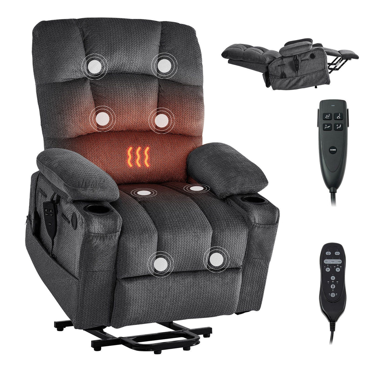 Power Lift Recliner Chair, Dual Motor, Large Electric Lift Chair with Heat and Massage, Infinite Position Adjustment, Velvet Fabric, with Storage Pockets, Cup Holders, Dark Gray