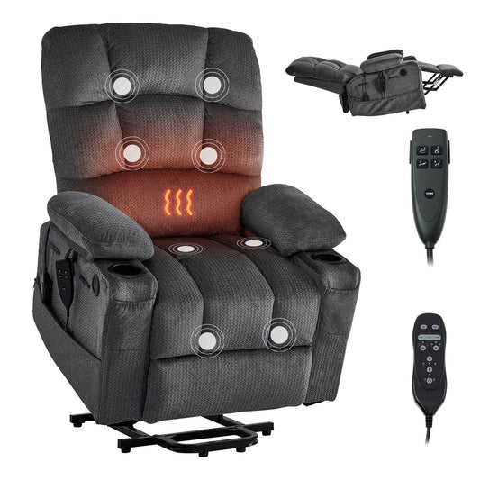 Power Lift Recliner Chair, Dual Motor, Large Electric Lift Chair with Heat and Massage, Infinite Position Adjustment, Velvet Fabric, with Storage Pockets, Cup Holders, Dark Gray