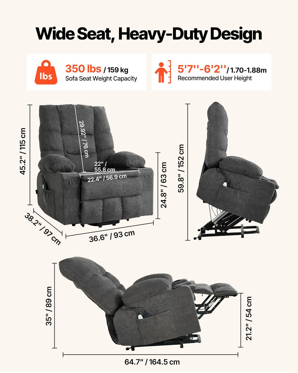 Power Lift Recliner Chair, Large Electric Lift Chair with Heat and Massage, Infinite Position Adjustment, Chenille Fabric, with Side Pockets, Cup Holders and USB Port, Dark Gray