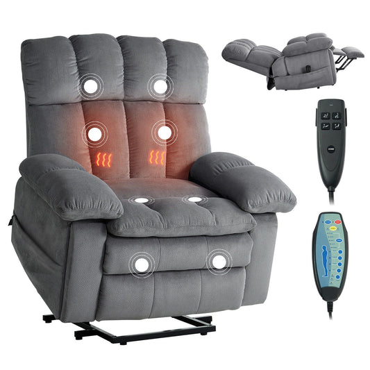 Power Lift Recliner Chair, Dual Motor, Oversized Electric Lift Chair with Heat and Massage, Infinite Position Adjustment, Chenille Fabric, with Side Pockets, Cup Holders, Light Gray