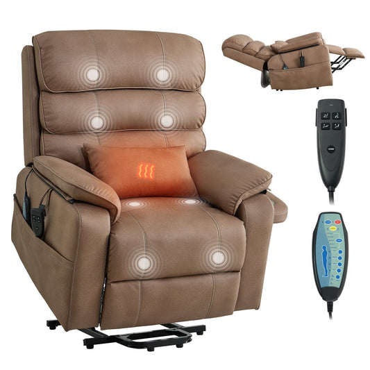Power Lift Recliner Chair, Dual Motor, Medium Wide Electric Lift Chair with Heat and Massage, Infinite Position Adjustment, Leather Surface, with Storage Pocket, Cup Holder, Brown