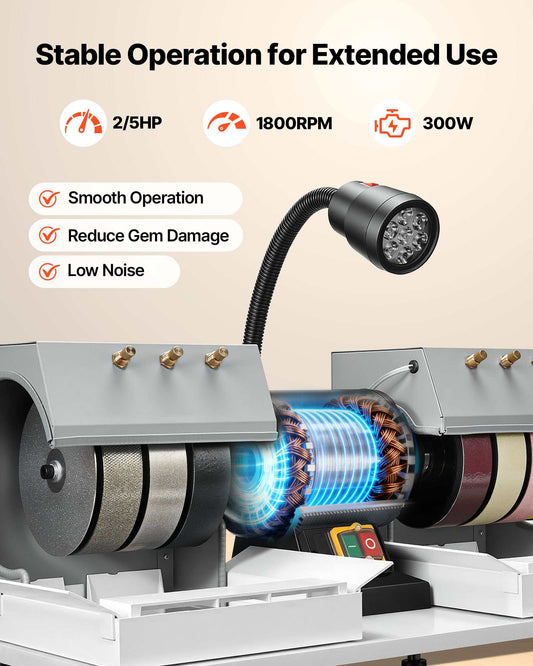 Cabbing Machine, 6" 2/5 HP 1800 RPM Efficient, Lapidary Rock Grinder Polisher With Diamond and Resin Wheels, LED Lamp, Water System, Lapidary Equipment for Gemstone Grinding, Stone Polishing