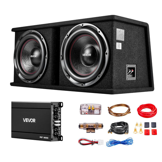 Subwoofer Bass Package, 12 in, 1200W RMS, Dual Car Audio Subwoofer and Amp Package, with Loaded Enclosure, Separate Amplifier, and Wiring Kit, for Various Vehicles Trunks, Car Audio Systems
